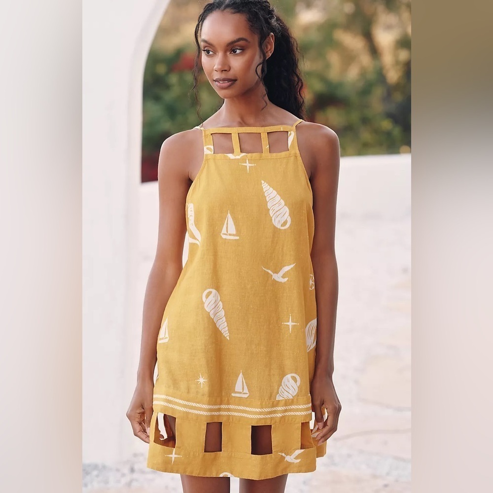 Anthropologie | Celandine Square-Neck Cutout Mini Dress Size Small Linen